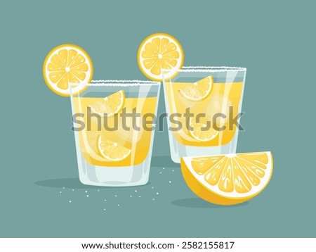 Two shots of tequila with ice and lemon flat vector illustration