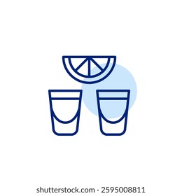Two shots of tequila and slice of lime. Drinking, bar menu. Party night out. Pixel perfect, editable stroke vector icon
