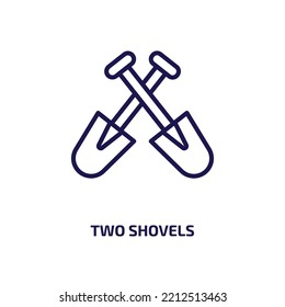 two shovels icon from construction collection. Thin linear two shovels, shovel, work outline icon isolated on white background. Line vector two shovels sign, symbol for web and mobile