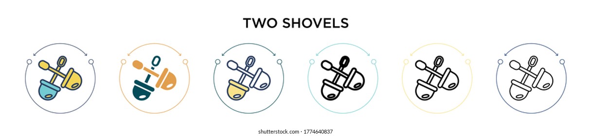 Two shovels icon in filled, thin line, outline and stroke style. Vector illustration of two colored and black two shovels vector icons designs can be used for mobile, ui, web