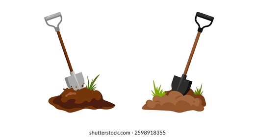 Two shovels are in soil with grass, highlighting tools used for gardening and outdoor tasks.