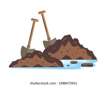 Two shovels, soil, puddle and sand. The process of digging a hole in the ground. Working environment after the rain. Gardening tools for earth. The concept of construction work.Pile, heap, dirt.Vector