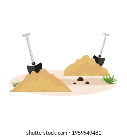 Two shovels, soil and sand. Garden tools. The concept of spring, field, agricultural and construction work. Earth, heap, dirt and tools. A hole  dug in the ground. Vector 