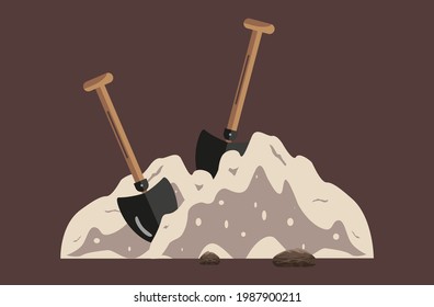 Two shovels, soil and sand. The process of digging a hole in the ground. Working environment. Gardening tools for earth. The concept of construction work.Pile, heap, dirt and tools.Vector illustration