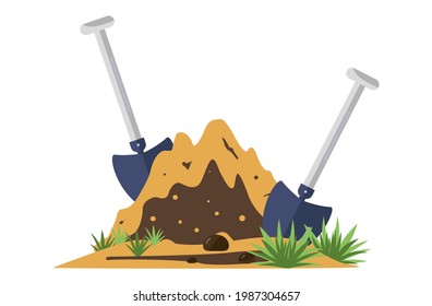 Two Shovels, Soil And Sand. Working Environment. Gardening Tools For Earth. The Concept Of Agricultural And Construction Work. Pile, Heap, Dirt And Tools. They Dug A Hole In The Ground. Vector 