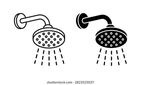 Two shower head silhouettes are depicted featuring water droplets and a black-and-white