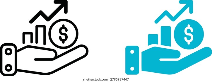 Two showing a hand holding a dollar coin and an upward trending bar graph, displayed in black outline and solid teal on white.