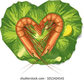 Two shrimps forming heart. St. Valentine meal.