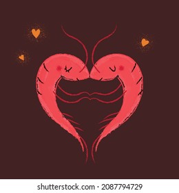 Two shrimps in love illustration. Cute Valentine's Day editable vector art 