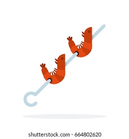 Two shrimps strung on a skewer vector flat material design isolated on white