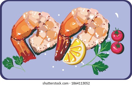 dos gambas con tomates y limón sobre un plato 