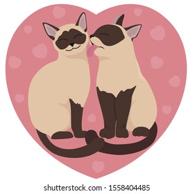 Two siamese cats, pink heart. Valentine`s day design. Vector illustration
