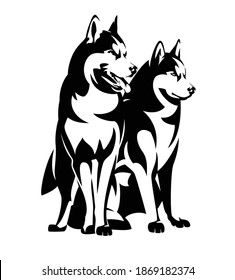 two siberian husky dogs black and white vector outline - sitting and standing purebred animal group