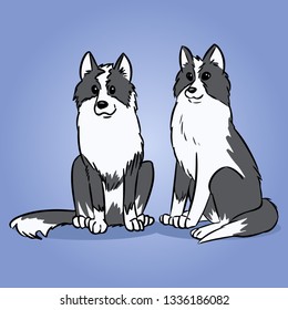 Two Siberian Husky or Laika Dogs. Cute dogs illustration. Domestic animal or pet with black and white coat in cartoon style