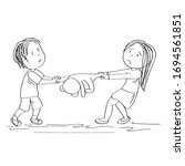Two siblings (brother and sister) or friends fighting, pulling teddy bear toy, boy is angry and girl is tearful - original hand drawn illustration