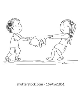 Two Siblings (brother And Sister) Or Friends Fighting, Pulling Teddy Bear Toy, Boy Is Angry And Girl Is Tearful - Original Hand Drawn Illustration