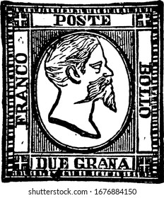 Two Sicilies Stamp (2 grana) from 1861, a small adhesive piece of paper stuck to something to show an amount of money paid, mainly a postage stamp, vintage line drawing or engraving illustration.
