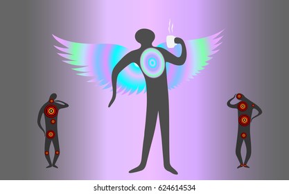 Two sick man silhouettes with red circles symbolizing inflammation and a healthy man with wings and a cup in his hand.Can be used for medicine