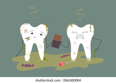 Two sick teeth are standing in a dirty puddle