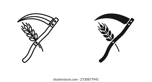 Two sickles with wheat bundles in black and white line style harvest agriculture
