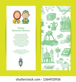 Two side banner happy Ramadan kareem with couple cartoon and hand-drawn illustration