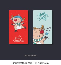 two side design card with deer cartoon illustration, holly jolly