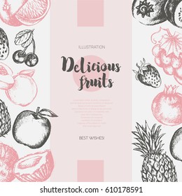 Two Side Fruit Frame - vector modern hand drawn design illustration with copyspace for Your Logo. Grapes, cherries, pineapple, strawberry, coconuts, apple.