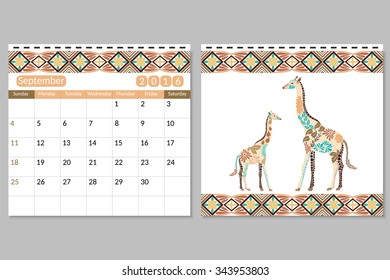 Two side horizontal calendar for August. Planning calendar 2016 with giraffe pattern made from flowers, leaves. Week starts on Sunday. Animal pattern. Arabic, indian, turkish, asian motive. Vector
