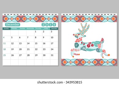 Two side horizontal calendar for December. Planning calendar 2016 with deer pattern made from flowers and leaves. Week starts on Sunday. Vector design template, animal pattern. Vector illustration. 