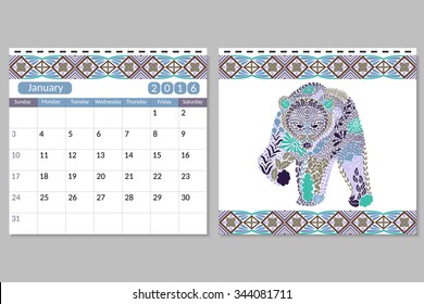 Two side horizontal calendar for January. Planner calendar 2016 with bear pattern made from flowers. Square page with place for notes. Week starts on Sunday. Arabic, indian, african motive. Vector