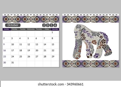 Two side horizontal calendar for October. Planning calendar 2016 with gorilla pattern made from flowers, leaves. Week starts on Sunday. Animal pattern. Arabic, indian, turkish, asian motive. Vector
