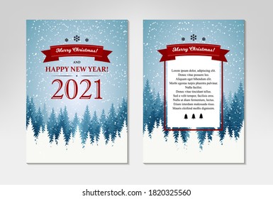 Dos bandos Feliz Navidad y Feliz Año Nuevo tarjeta vertical de bienvenida con un hermoso paisaje invernal. Paisaje de árboles de Navidad azul con nieve. Ilustración del vector con elementos dibujados a mano