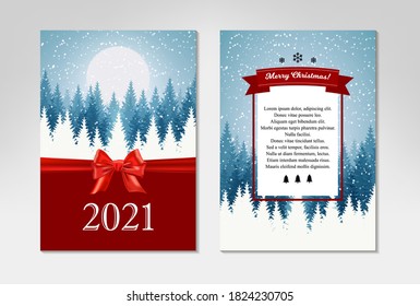Two side Merry Christmas and Happy New Year vertical greeting card with beautiful winter scenery. Blue Christmas tree landscape with snow. Vector illustration with hand drawn elements