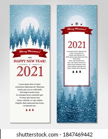 Two side Merry Christmas and Happy New Year vertical greeting card with beautiful winter scenery. Blue Christmas tree landscape with snow. Vector illustration with hand drawn elements