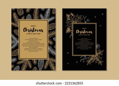 Two side Merry Christmas and Happy New Year vertical greeting card with hand drawn golden evergreen branches and cones on black background. Vector illustration in sketch style