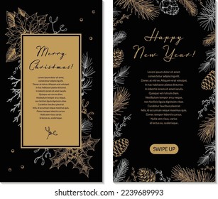 Two side Merry Christmas and Happy New Year vertical greeting card with hand drawn golden botany element. Vector illustration in sketch style. Festive backgrounds. Social media stories templates