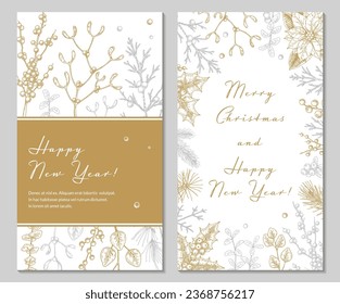 Two side Merry Christmas and Happy New Year vertical greeting card with hand drawn golden botany element. Vector illustration in sketch style. Festive backgrounds. Social media stories templates