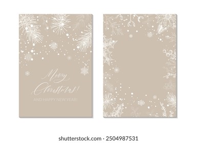 Two side Merry Christmas and Happy New year greeting card. Hand drawn sketch winter postcard. Trendy holiday festive design background for invitations, certificate, social media templates