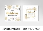 Two side Merry Christmas and New Year greeting card with beautiful Christmas tree and golden snowflakes on white background. Frame with space for text