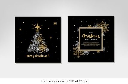 Zwei Seiten Frohe Weihnachten und Neujahr Grußkarte mit schönem Weihnachtsbaum und goldenen Schneeflocken auf schwarzem Hintergrund. Rahmen mit Leerzeichen für Text