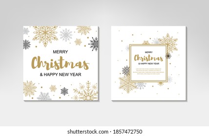 Two side Merry Christmas and New Year greeting card with beautiful Christmas tree and golden snowflakes on white background. Frame with space for text