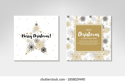 Two side Merry Christmas and New Year greeting card with beautiful Christmas tree and golden snowflakes on white background. Frame with space for text