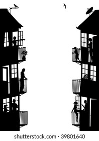 Two side panel silhouettes of blocks of flats with figures as separate objects