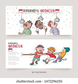 two side poster dirgahayu or happy indonesia independence day with cartoon tug of war and eat crackers game