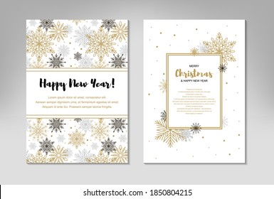 Two side Vertical Merry Christmas and New Year greeting card with beautiful golden snowflakes on white background. Frame with space for text