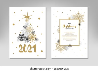 Two side Vertical Merry Christmas and New Year greeting card with beautiful Christmas tree and golden snowflakes on white background. Frame with space for text