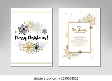 Two side Vertical Merry Christmas and New Year greeting card with beautiful golden snowflakes on white background. Frame with space for text