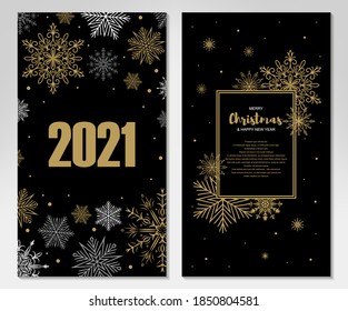 Two side Vertical Merry Christmas and New Year greeting card with beautiful golden snowflakes on black background. Frame with space for text