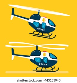 Two side view Police Helicopter icons. Flat design.  Vector illustration