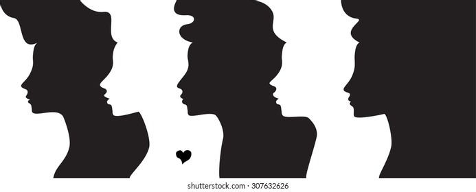 two side of woman, different woman profile in row and one with heart, single sweetheart